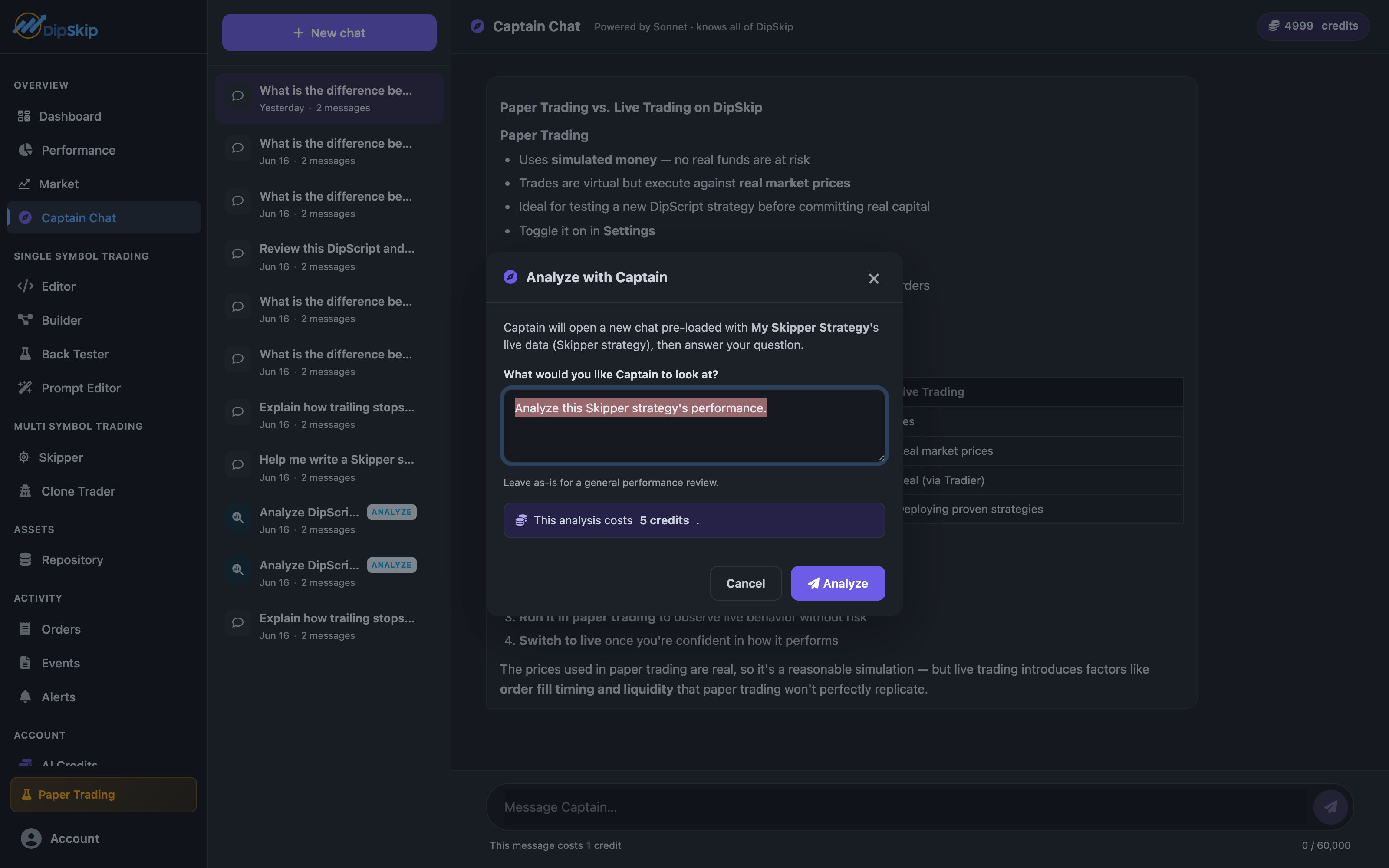 The AI Analyze modal, showing that Captain will open a new chat pre-loaded with a Skipper strategy's live data, with a flat 5-credit cost shown before confirming