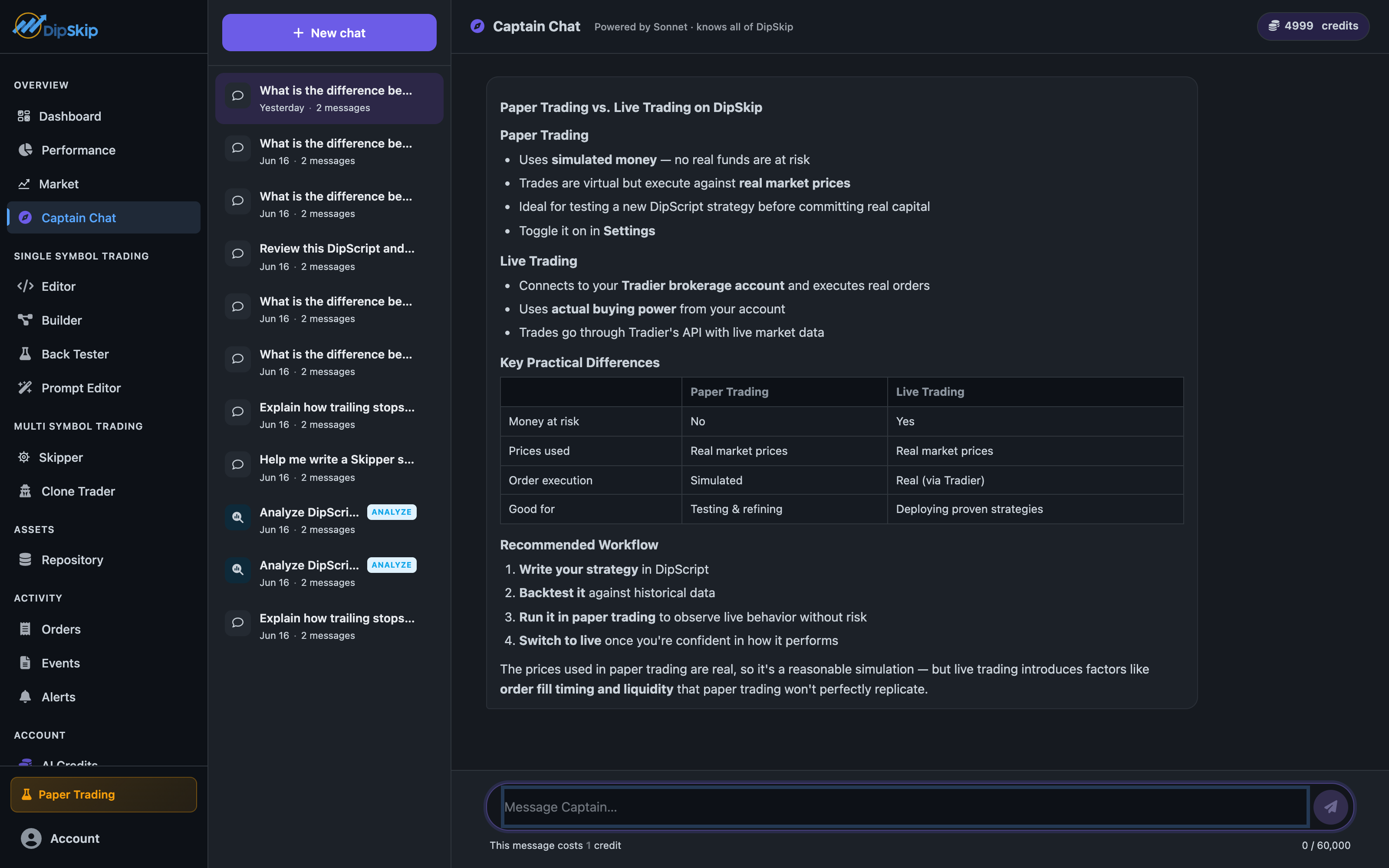 A Captain Chat conversation answering a question about paper vs. live trading, with formatted bullet points and a comparison table
