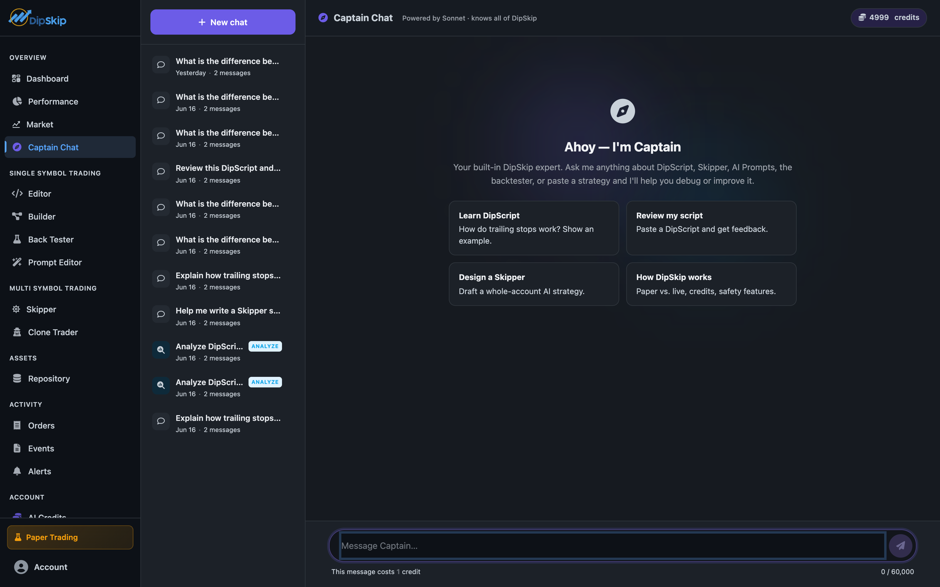 The Captain Chat tab: a welcome screen reading 'Ahoy — I'm Captain' with suggestion cards, and a sidebar of saved conversations