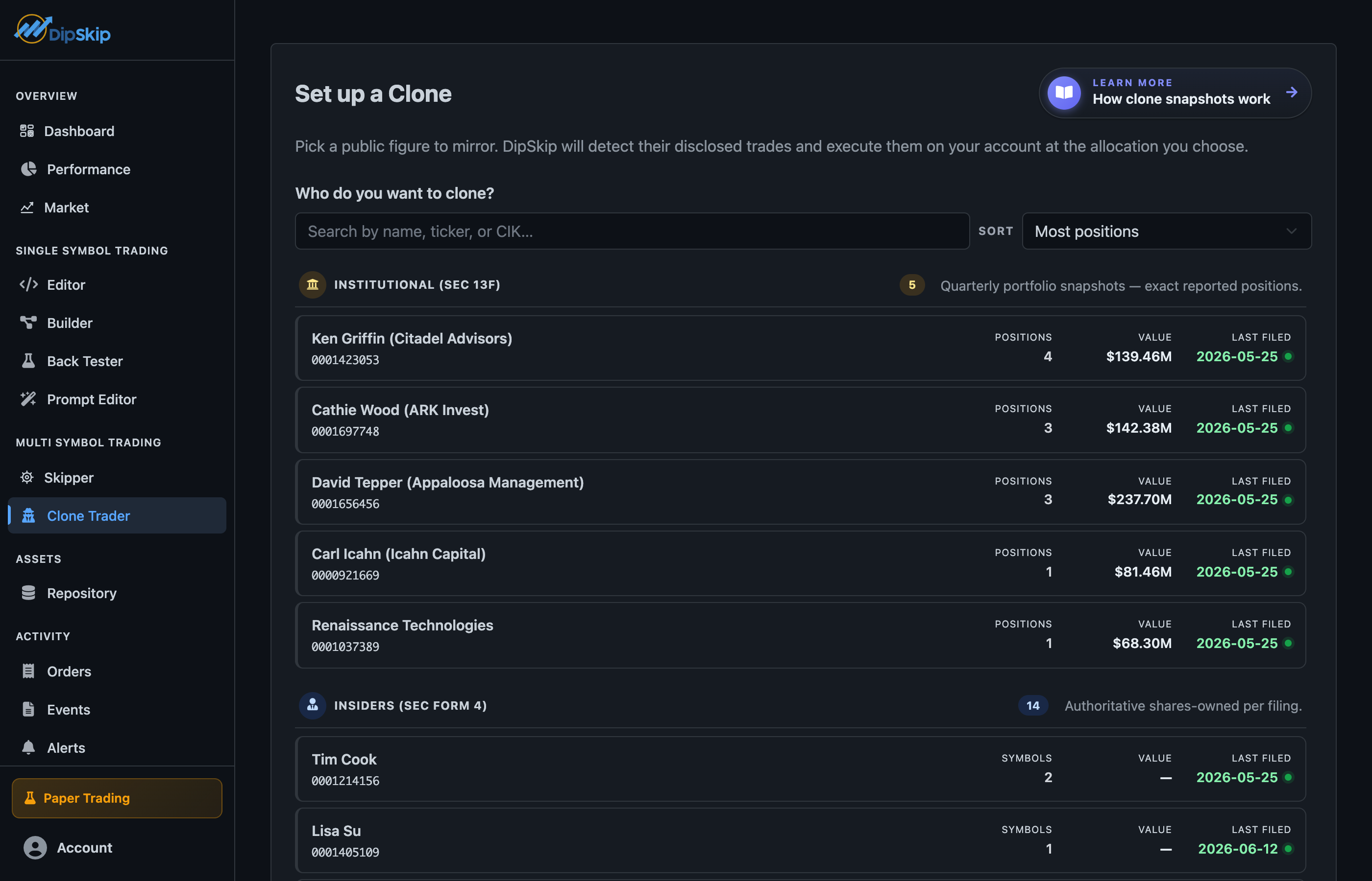 The Clone Trader figure picker, grouped by source, showing position counts, portfolio value, and last filing date for each figure