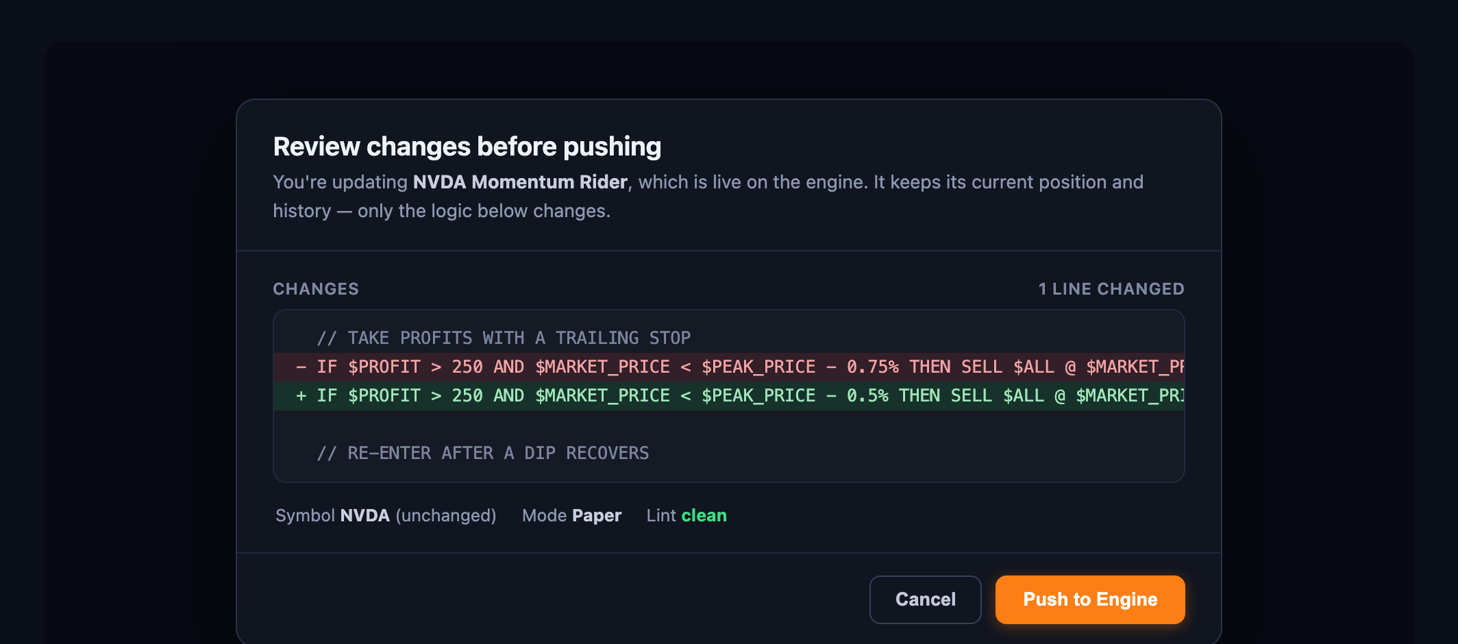 The review-and-apply diff modal, showing the old and new versions of a running script side by side before the change is pushed to the engine