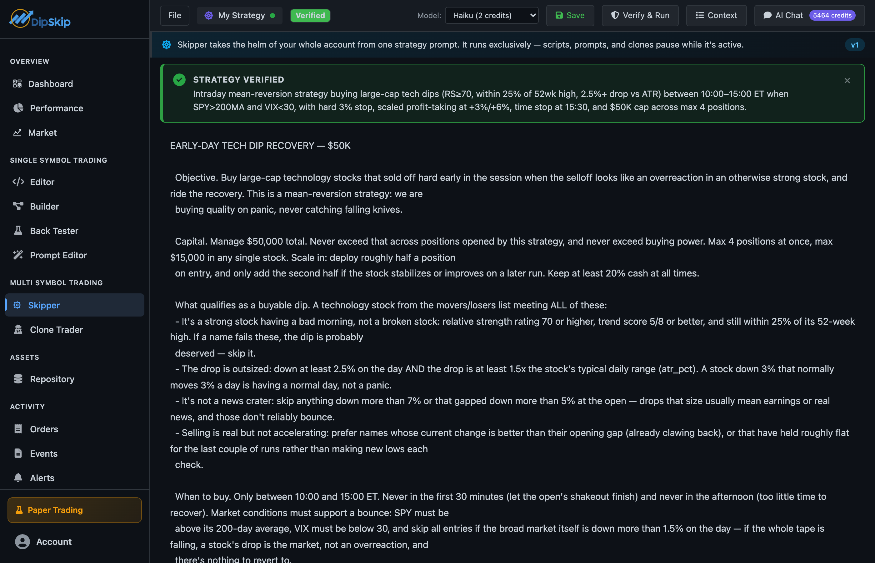 The Skipper strategy editor, where you describe your whole-account strategy in plain English and choose a model
