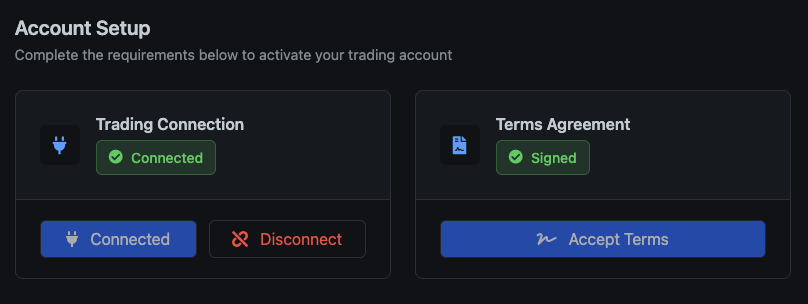 Account Setup showing Trading Connection and Terms Agreement